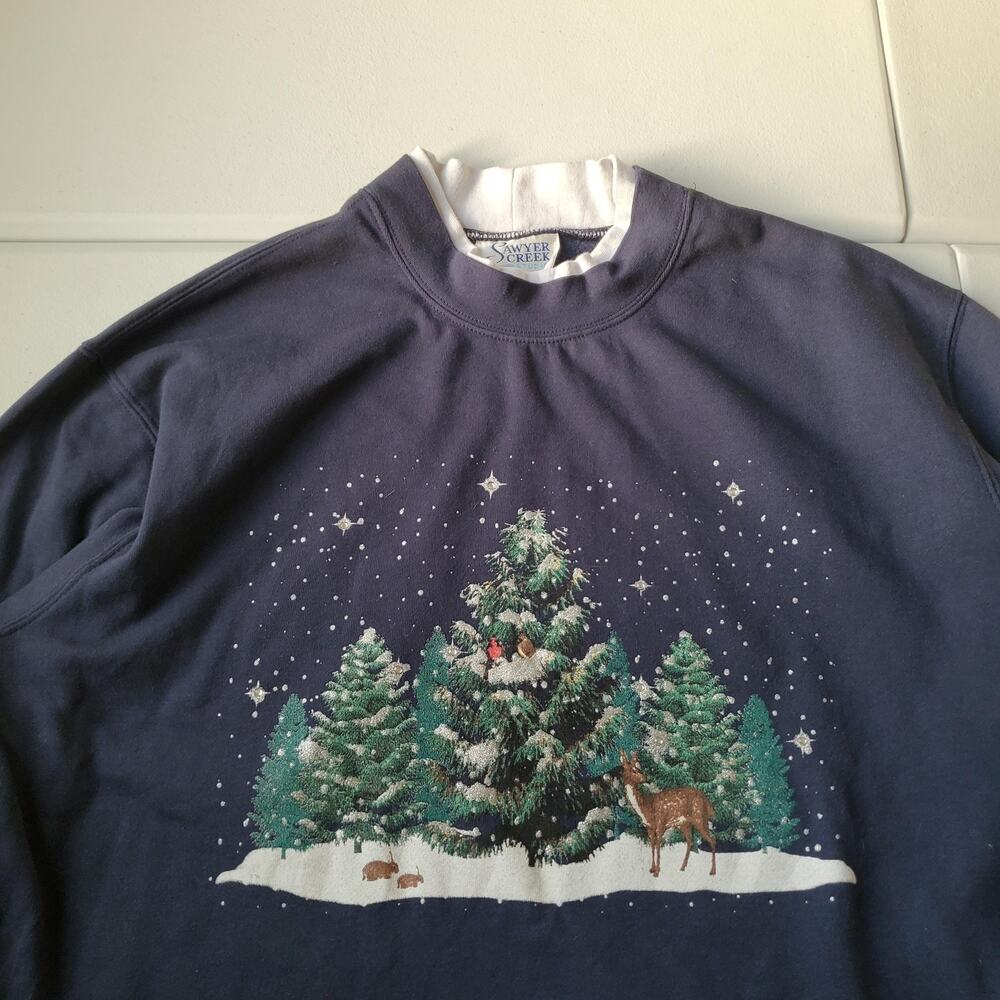 Vintage Sweatshirt Womens Large Blue Deer Winter Forest Christmas Tree